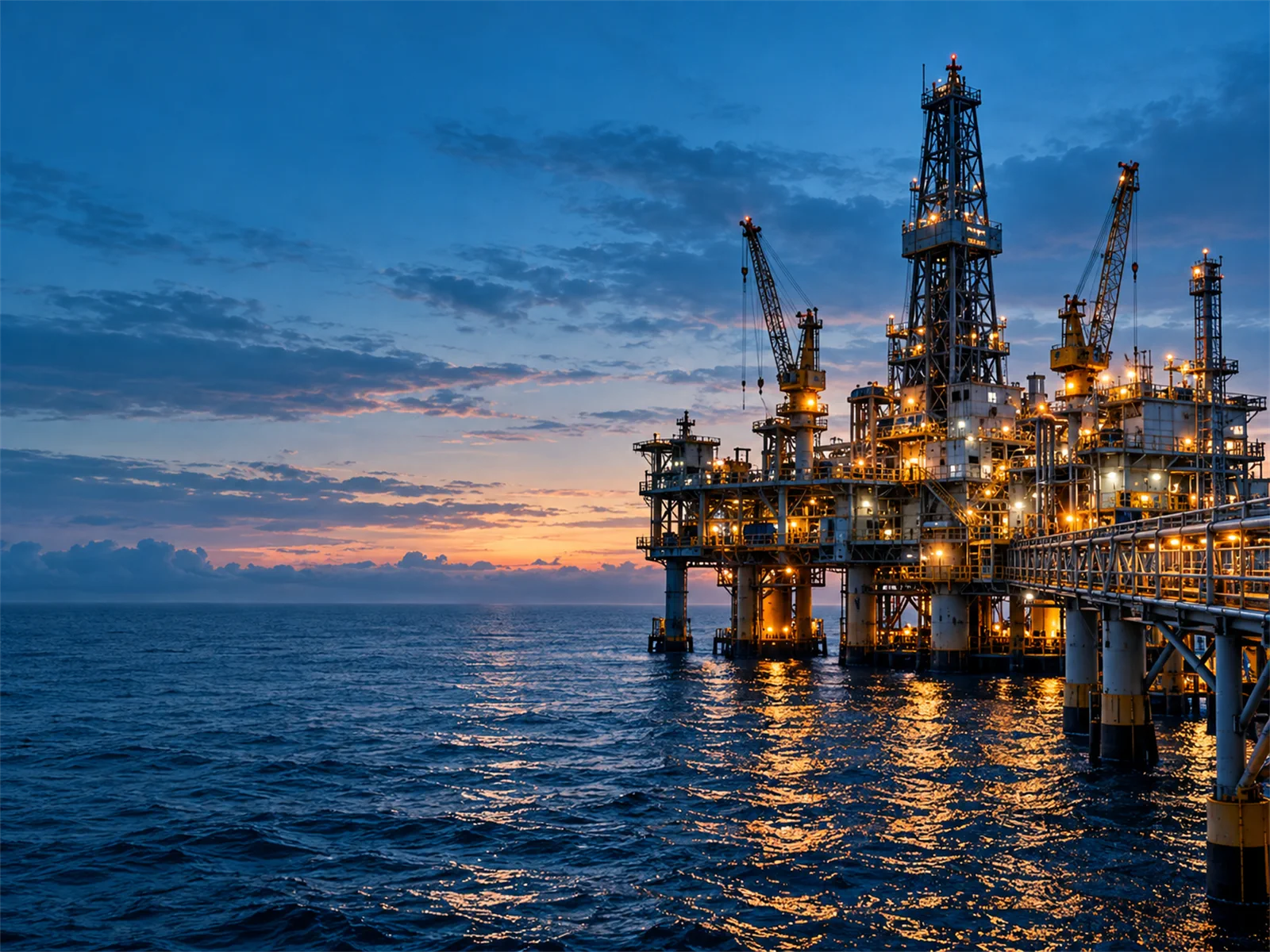 Offshore oil platform at sunset